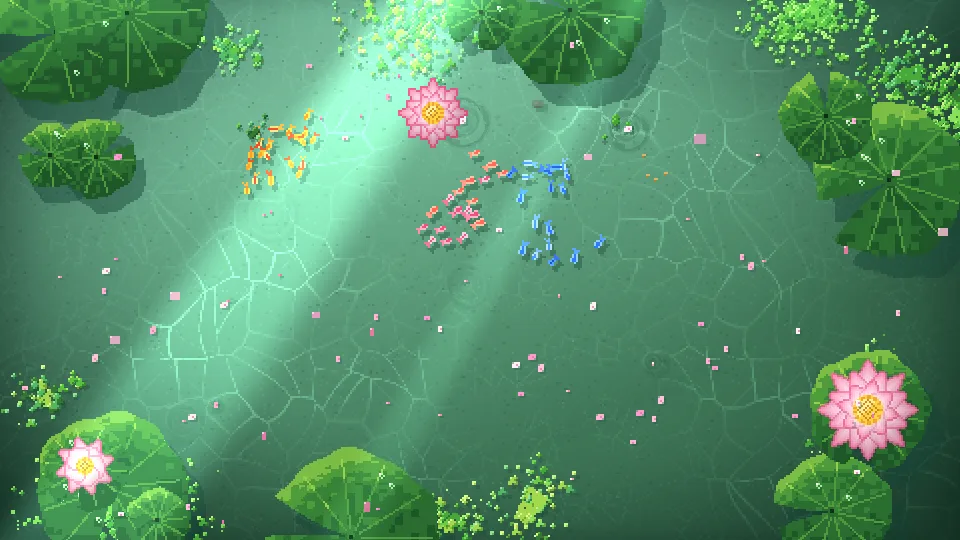 A pixel-art koi pond on a stream: chat feeds the koi, drops stones and places flowers, and a Bits cheer starts a cherry-blossom shower.