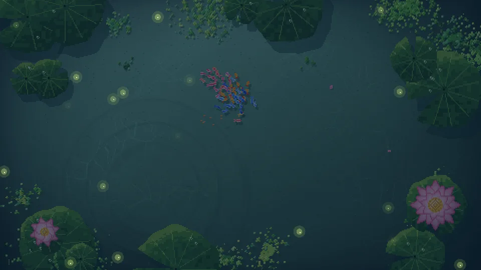The koi pond at night, fireflies drifting over the water.